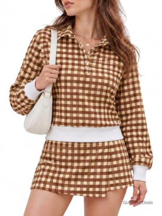 Dresses & Skirts - Plaid 2 Piece Skirt Set Balloon Sleeve Polo Mini Polyester Blend